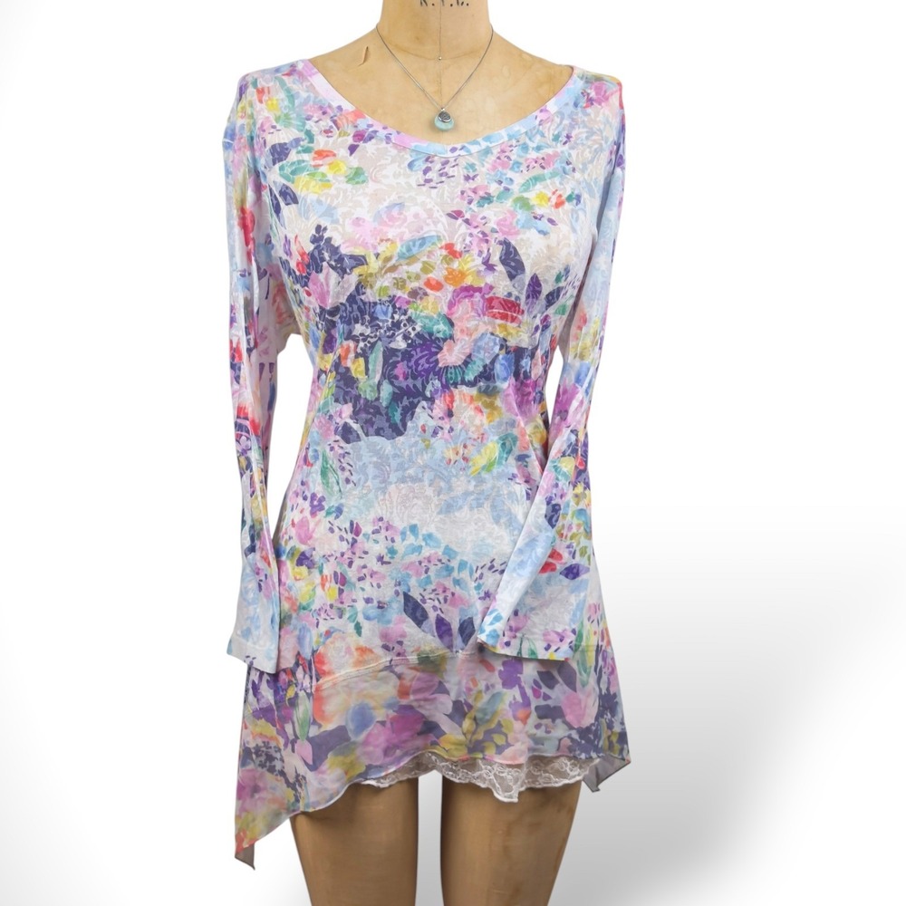 Y2K Womens XL Floral Burnout Top Long Sleeve Sheer Hankerchief Artsy Fairy Boho